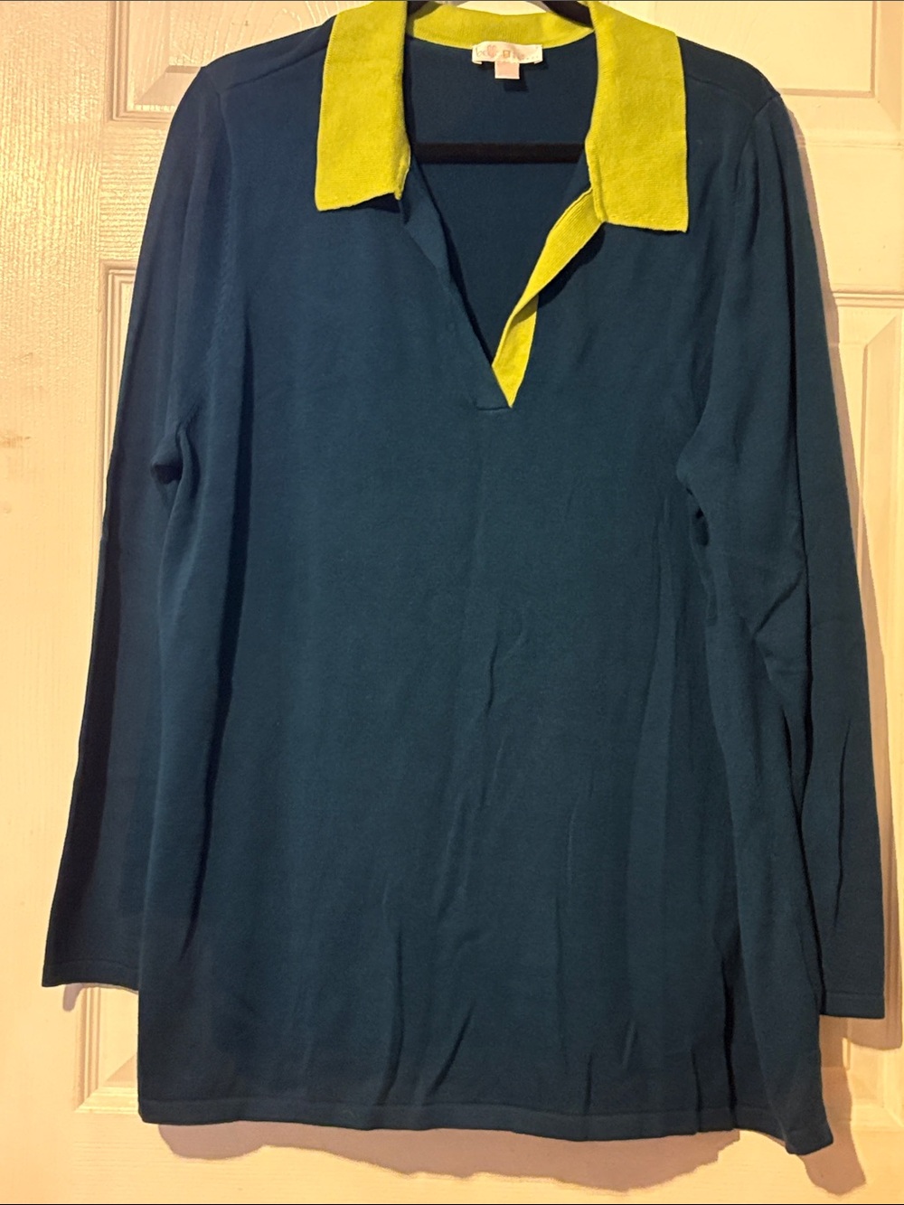 Belle by Kim Gravel Navy V-Neck Sweater with Lime Collar